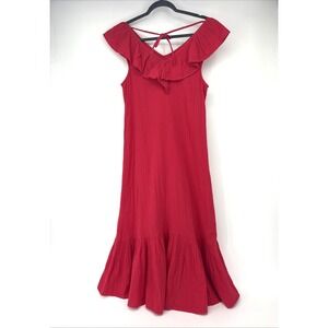 Vineyard Vines Midi Dress Medium Lighthouse Red Ruffle Double Gauze Beach